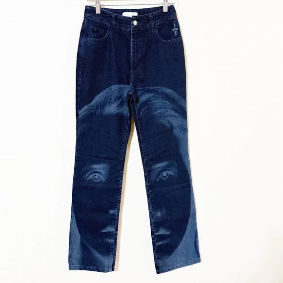 Paloma Wool NEW Vida Jeans Straight Leg Pants Laser Printed Portrait Horses Blue - Picture 6 of 13